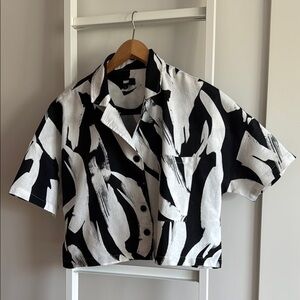 DKNY Black and White Abstract Linen Shirt